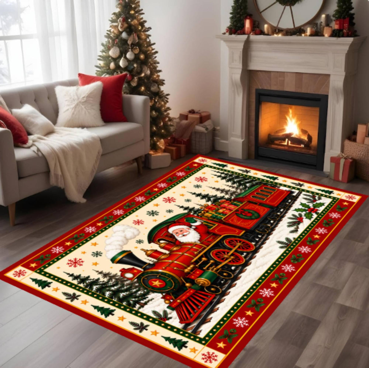 Santa Train Christmas Rug, Festive Winter Decor