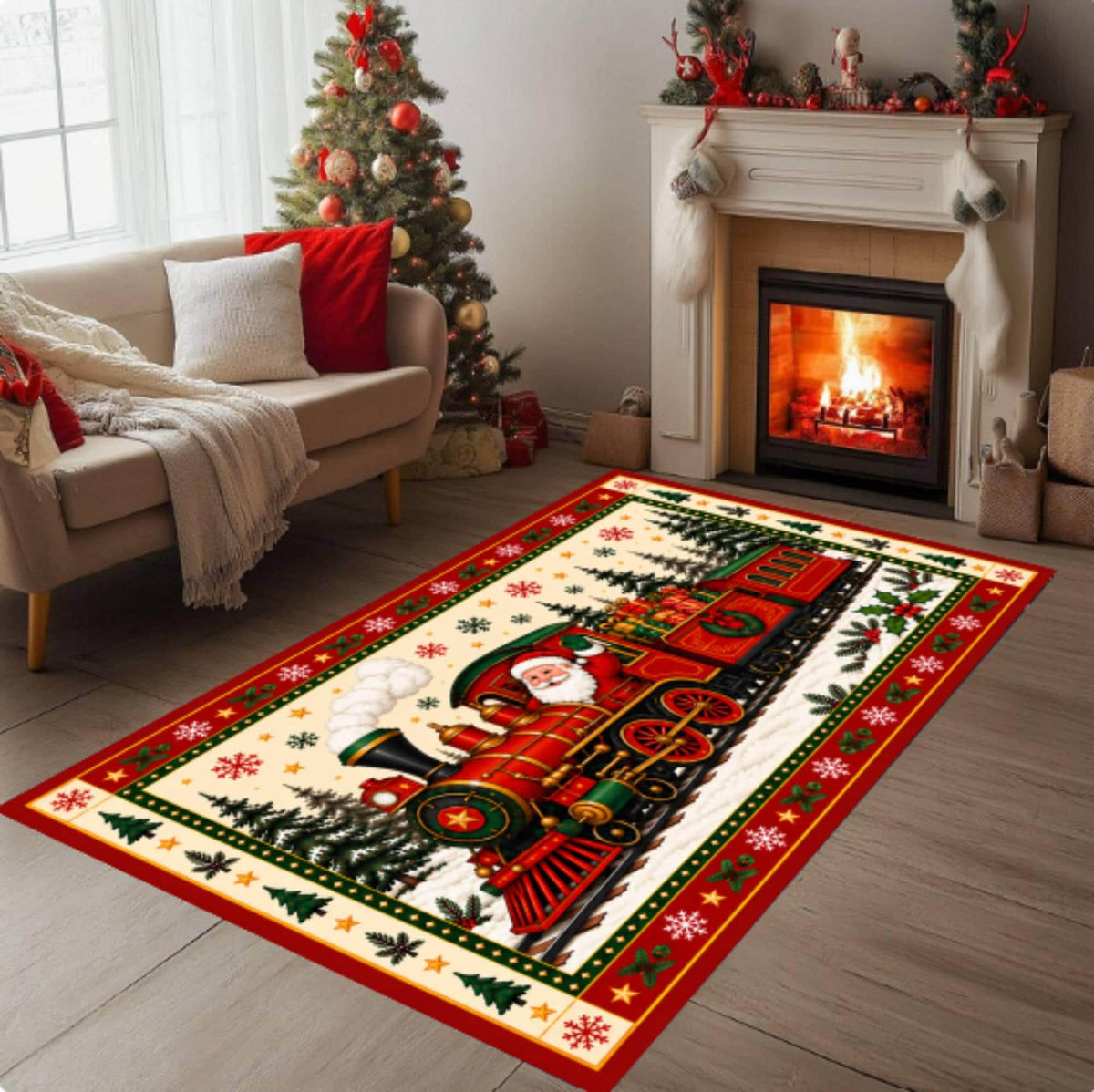 Santa Train Christmas Rug, Festive Winter Decor
