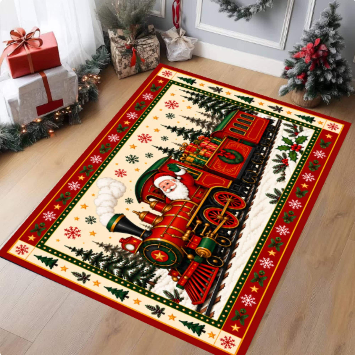Santa Train Christmas Rug, washable non-slip Christmas area rug