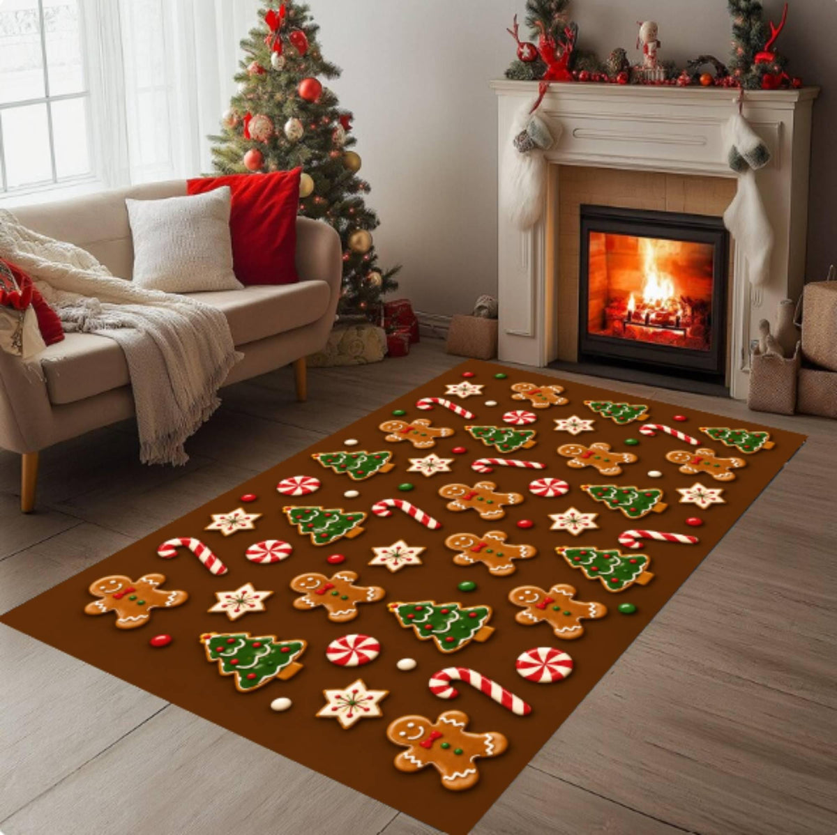 Gingerbread Christmas Cookie and Candy Cane Holiday Carpet