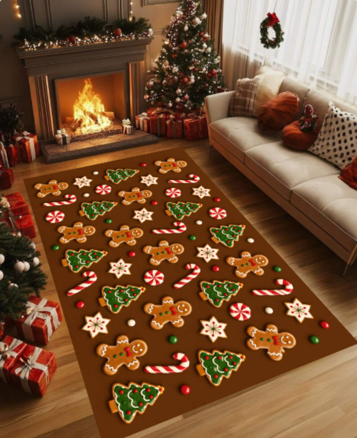 Gingerbread Christmas Cookie and Candy Cane Holiday Carpet