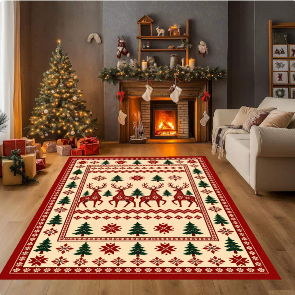 Reindeer Christmas Rug, Nordic Holiday Decor