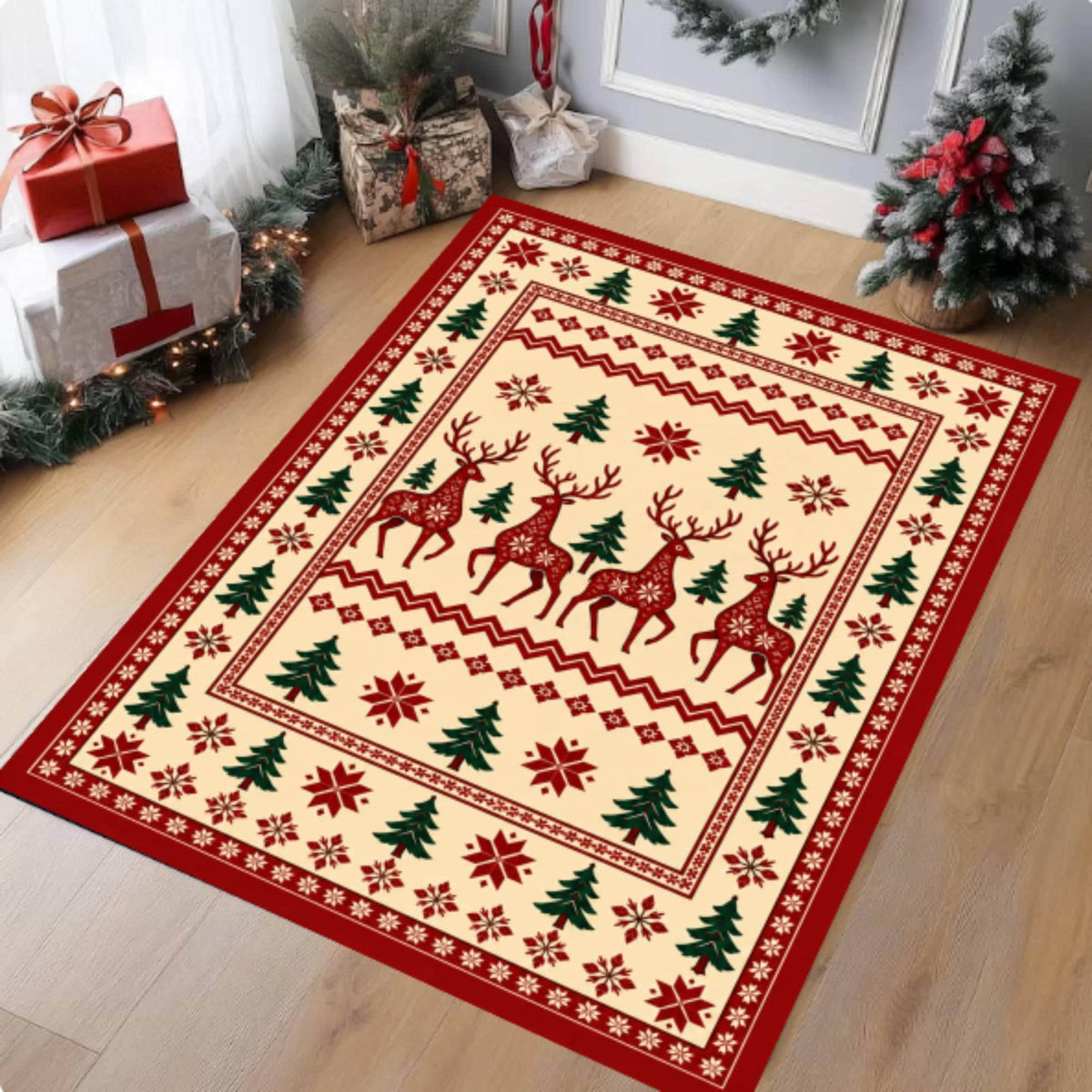 Reindeer Christmas Rug, washable non-slip Christmas area rug