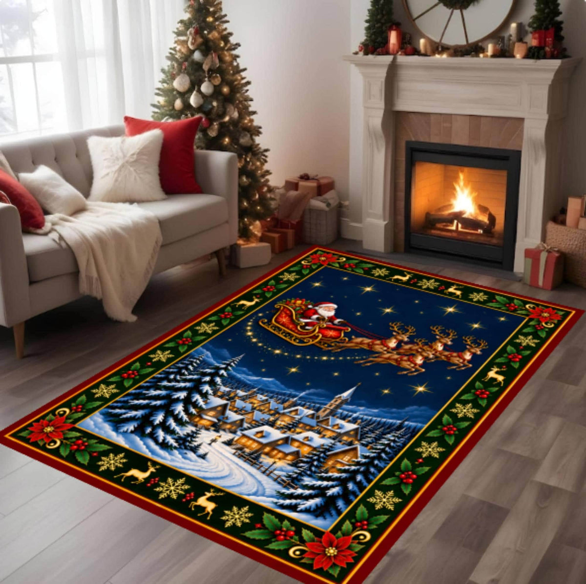 Santa Sleigh Christmas Rug, Reindeer Holiday Decor