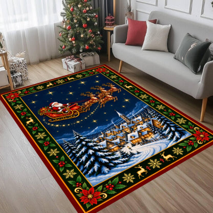 Santa Sleigh Christmas Rug, Reindeer Holiday Decor