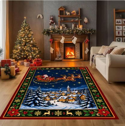 Santa Sleigh Christmas Rug, Reindeer Holiday Decor