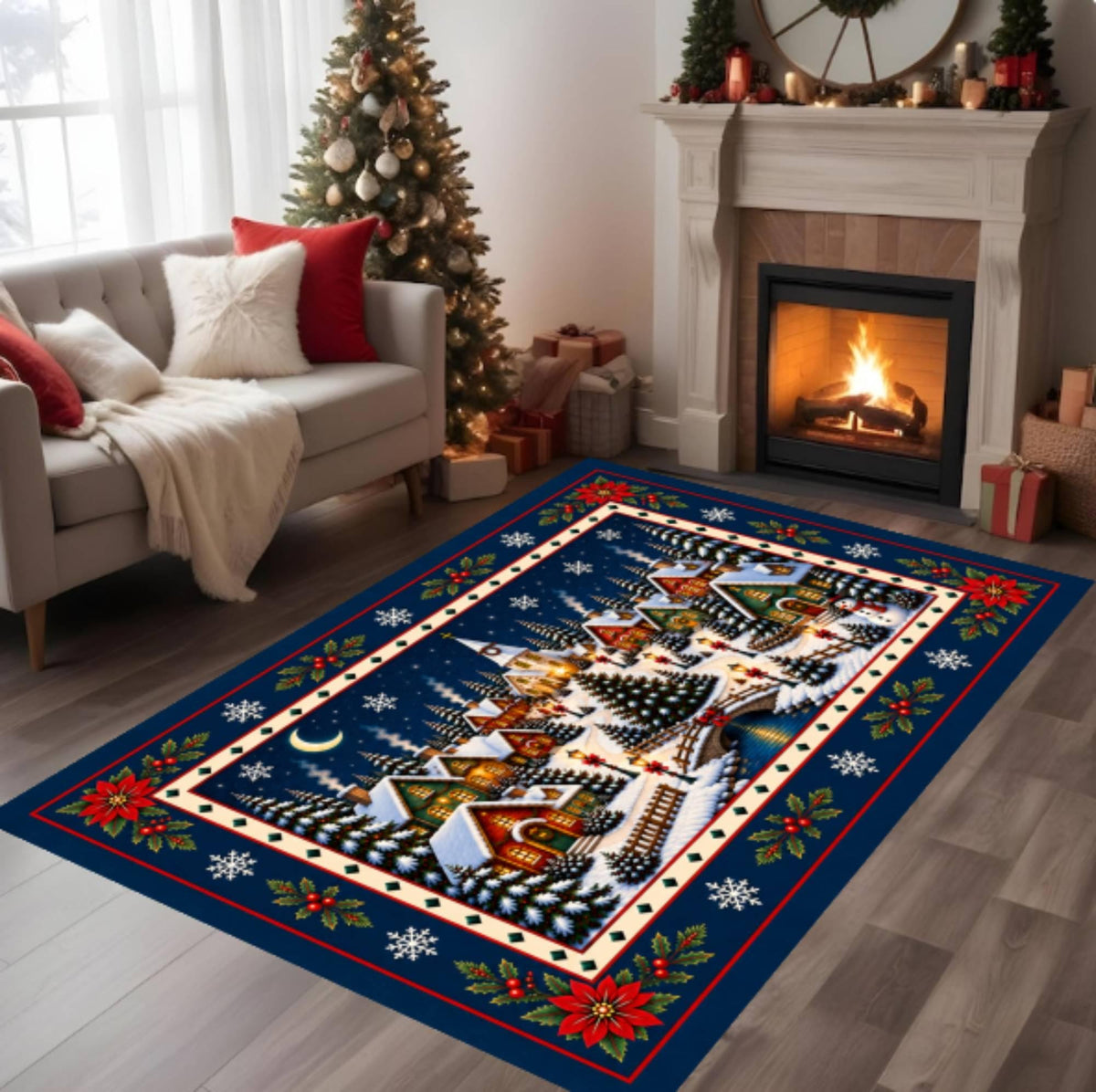 Christmas Village Rug, Farmhouse Living Room Carpet