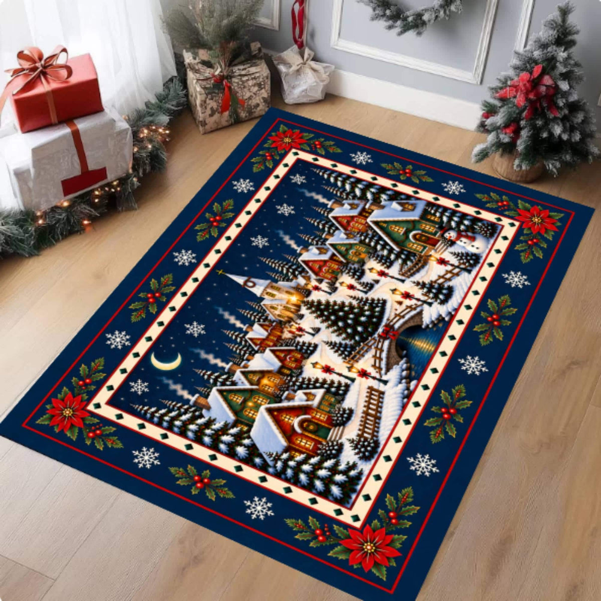 Christmas Village Rug, washable non-slip Christmas area rug