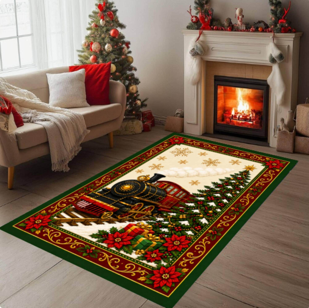 Christmas Train Area Rug, Farmhouse Winter Decor