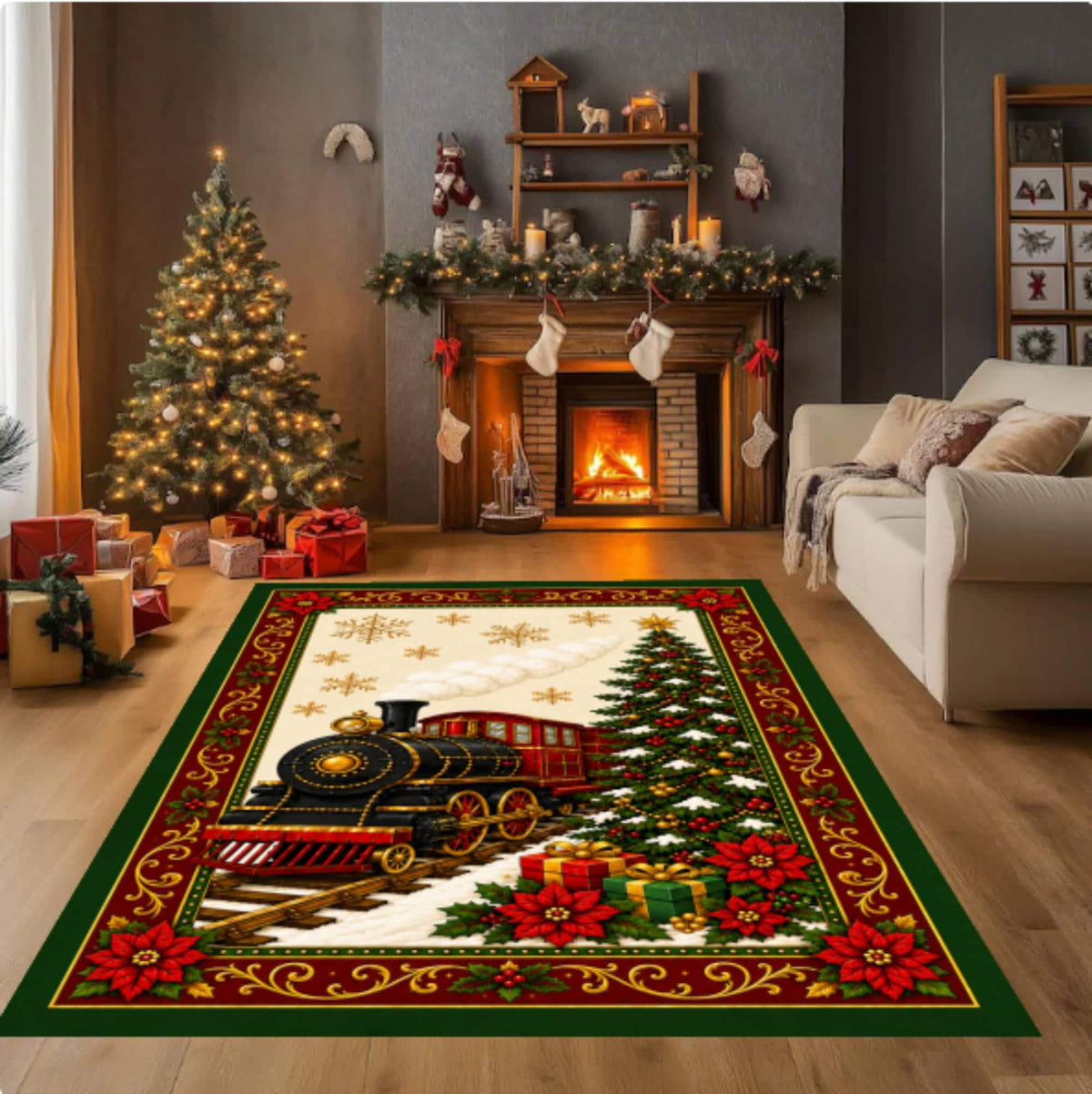 Christmas Train Area Rug, Farmhouse Winter Decor