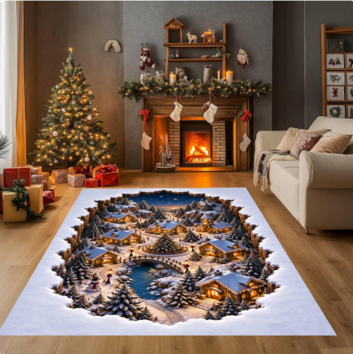 3D Illusion Christmas Village Rug, Winter Wonderland Decor