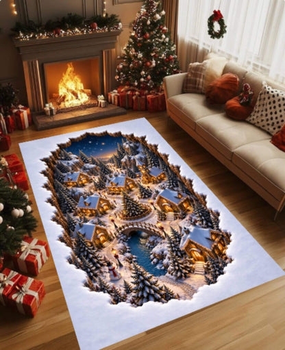 3D Illusion Christmas Village Rug, Winter Wonderland Decor