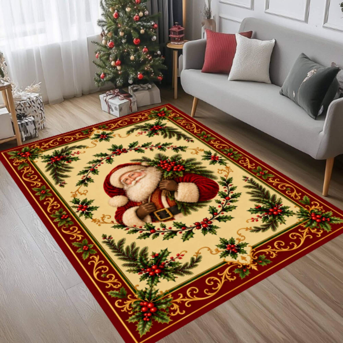 Santa Claus Christmas Rug, Vintage Holiday Area Rug