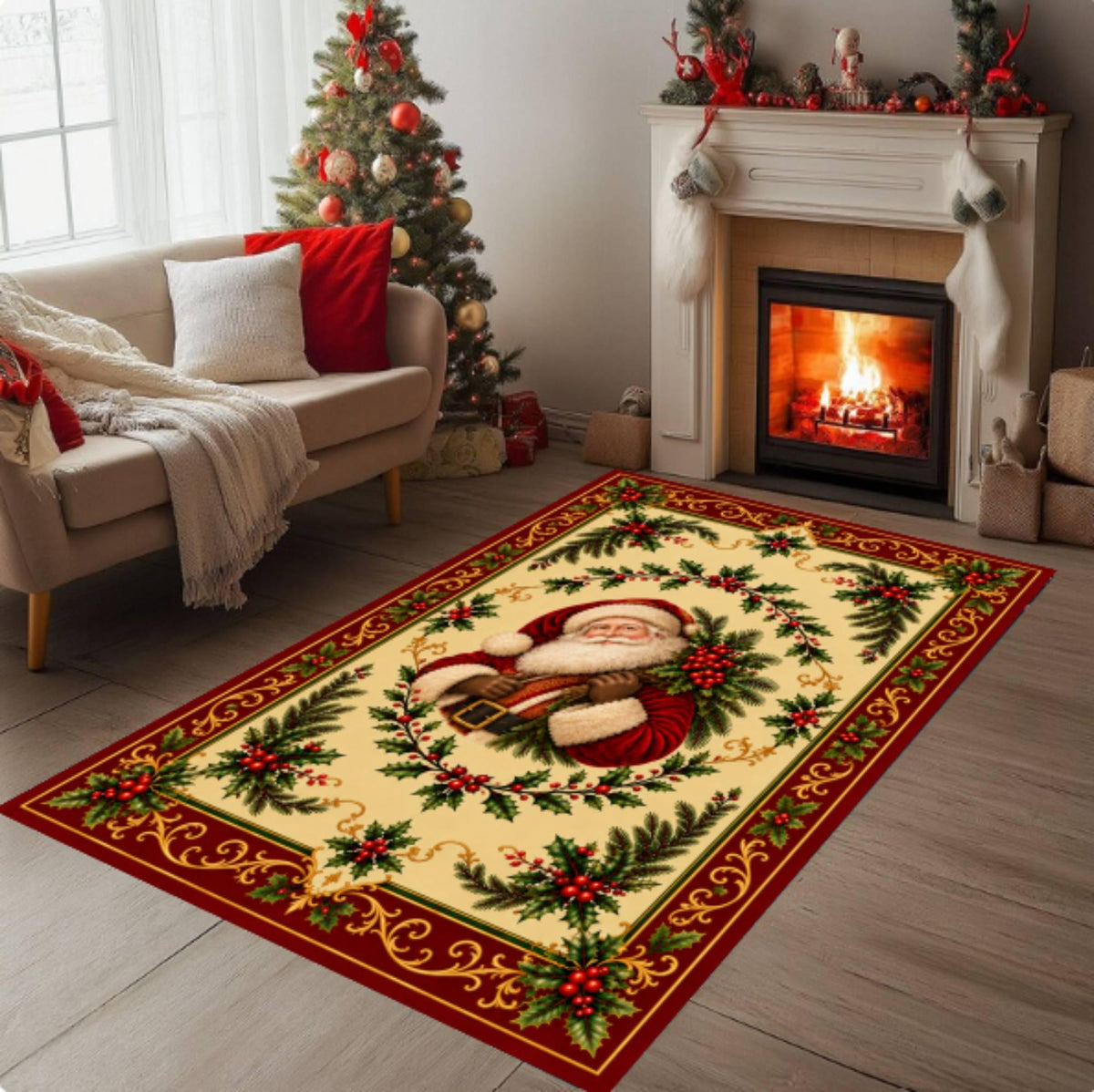 Santa Claus Christmas Rug, Vintage Holiday Area Rug