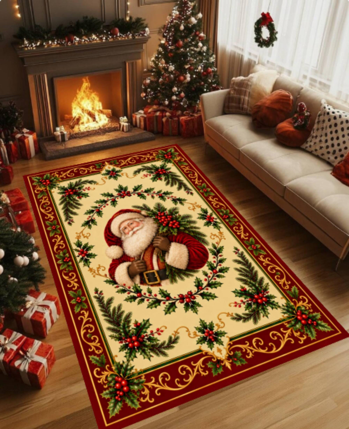 Santa Claus Christmas Rug, Vintage Holiday Area Rug