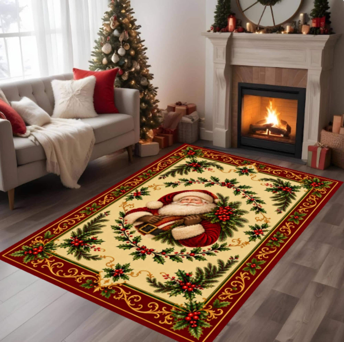 Santa Claus Christmas Rug, Vintage Holiday Area Rug