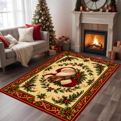 Santa Claus Christmas Rug, Vintage Holiday Area Rug