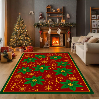 Christmas Poinsettia Area Rug, Holiday Carpet (Red Green Floral)
