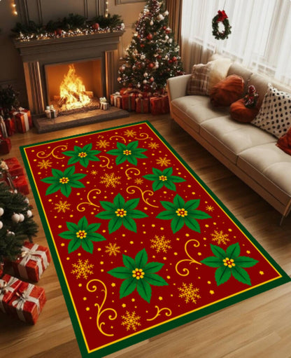 Christmas Poinsettia Area Rug, Holiday Carpet (Red Green Floral)