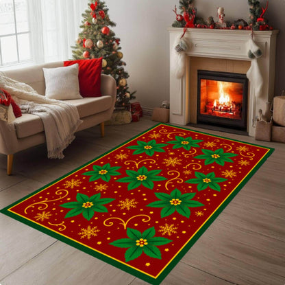 Christmas Poinsettia Area Rug, Holiday Carpet (Red Green Floral)