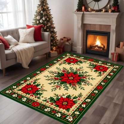 Vintage Poinsettia Rug, Farmhouse Holiday Carpet, (Red Green Floral)
