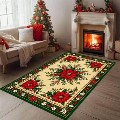 Vintage Poinsettia Rug, Farmhouse Holiday Carpet, (Red Green Floral)
