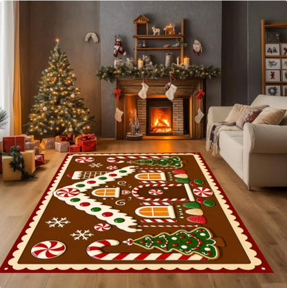 Gingerbread House Christmas Rug, Candy Cane Holiday Carpet