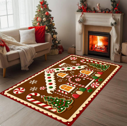 Gingerbread House Christmas Rug, Candy Cane Holiday Carpet