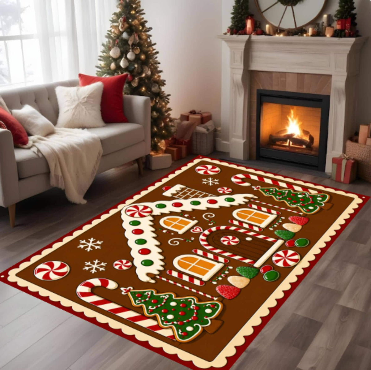 Gingerbread House Christmas Rug, Candy Cane Holiday Carpet