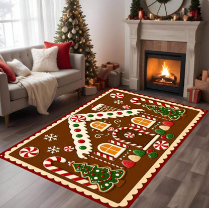 Gingerbread House Christmas Rug, Candy Cane Holiday Carpet