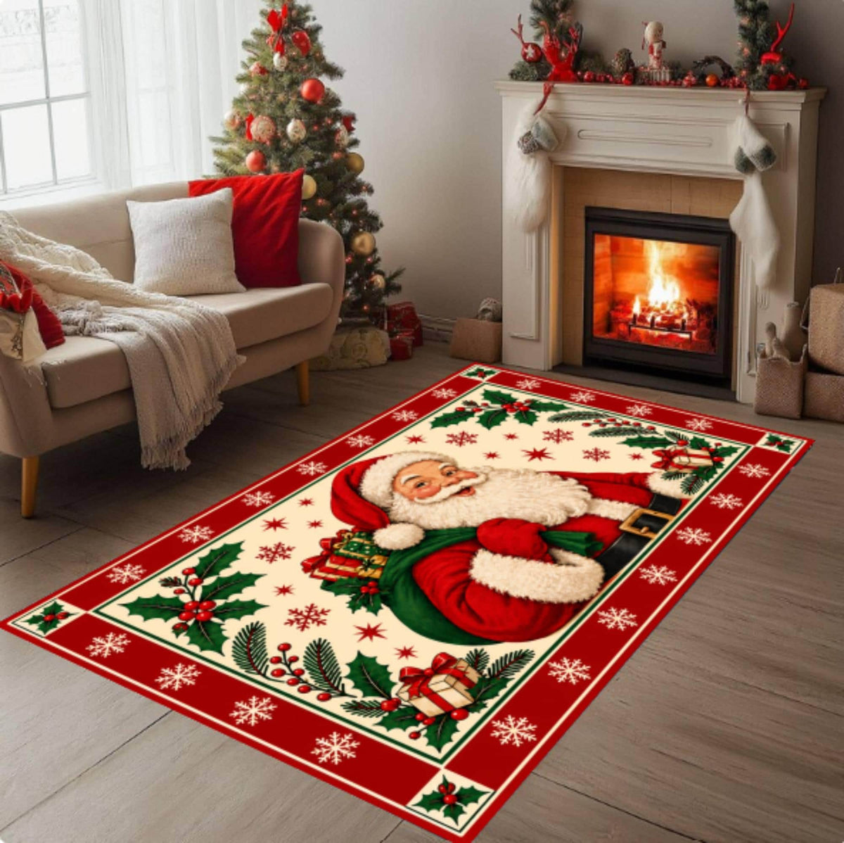Vintage Santa Christmas Rug, Holiday Carpet (Red)