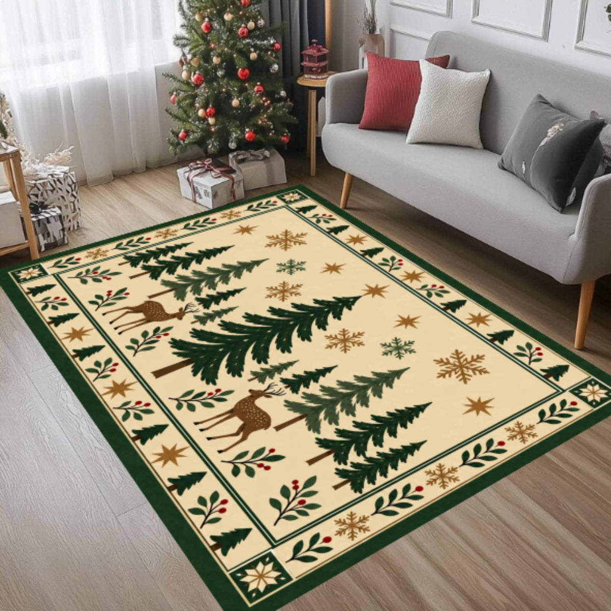 Christmas Deer Tree Rug, Rustic Farmhouse Decor
