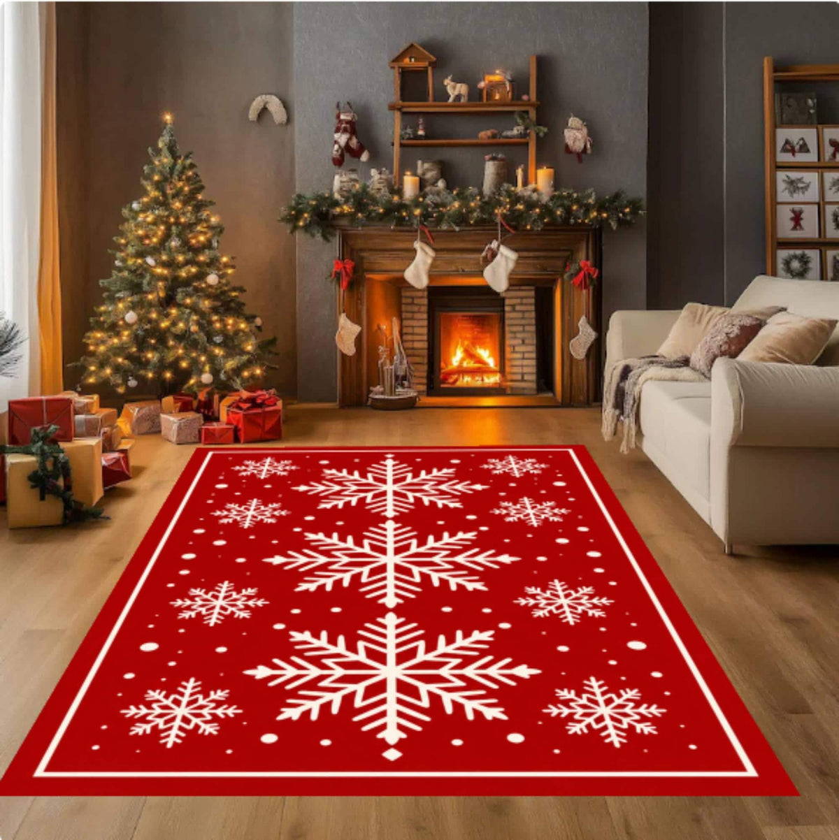 Red White Snowflake Christmas Area Rug