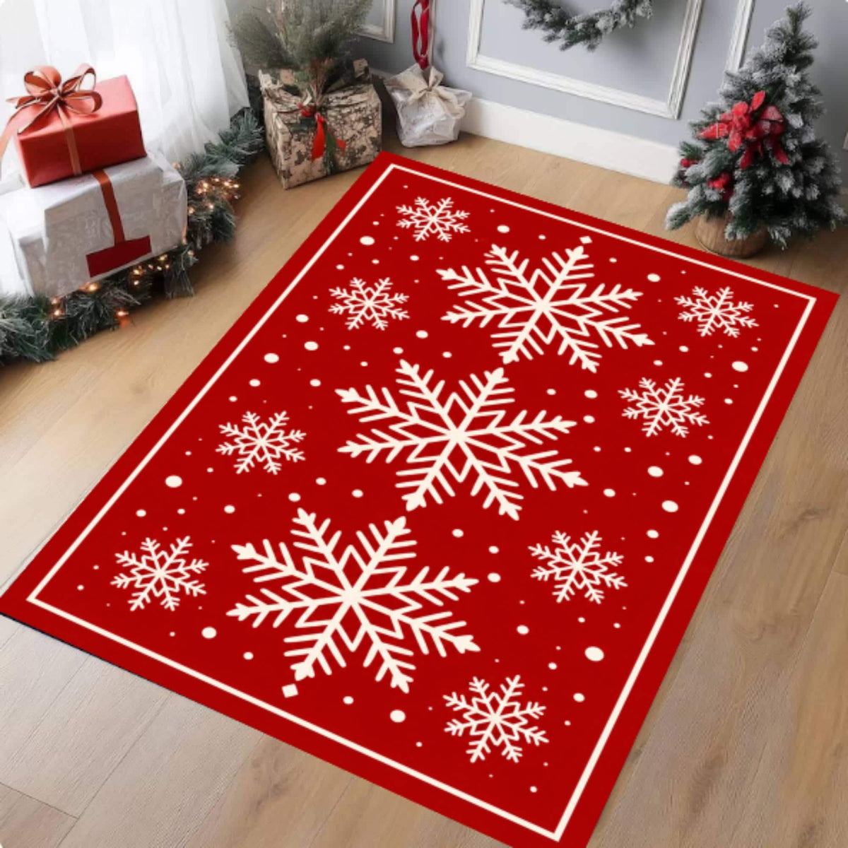 Red White Snowflake Christmas Area Rug, washable non-slip Christmas area rug