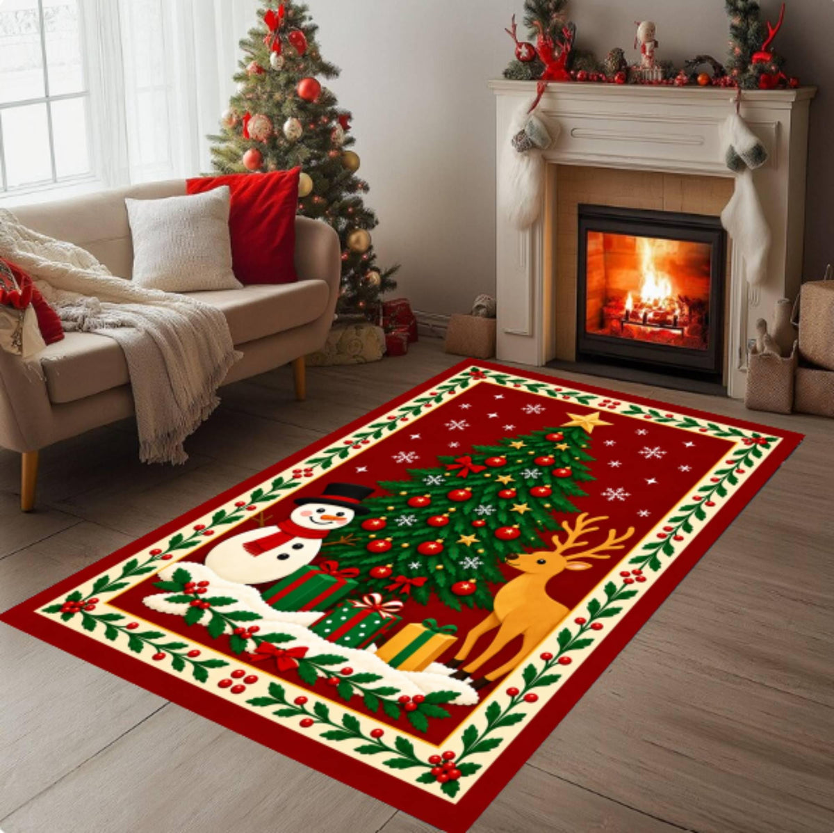 Christmas Tree Snowman Reindeer Holiday Area Rug