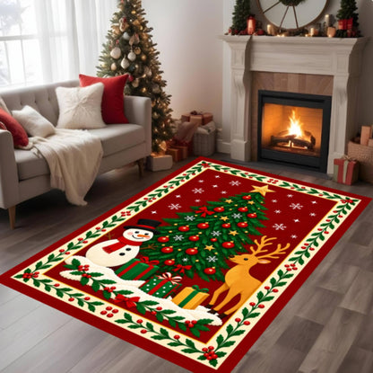 Christmas Tree Snowman Reindeer Holiday Area Rug