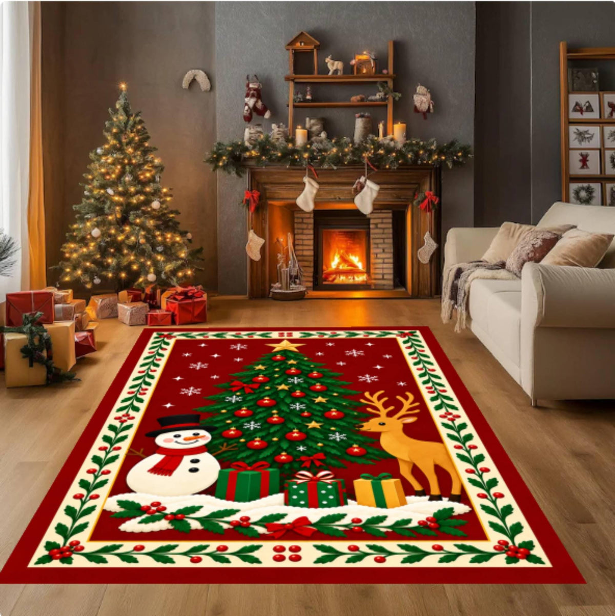 Christmas Tree Snowman Reindeer Holiday Area Rug