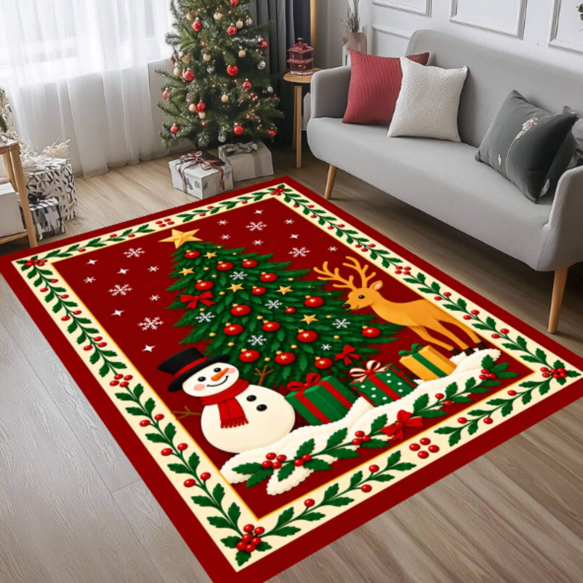 Christmas Tree Snowman Reindeer Holiday Area Rug