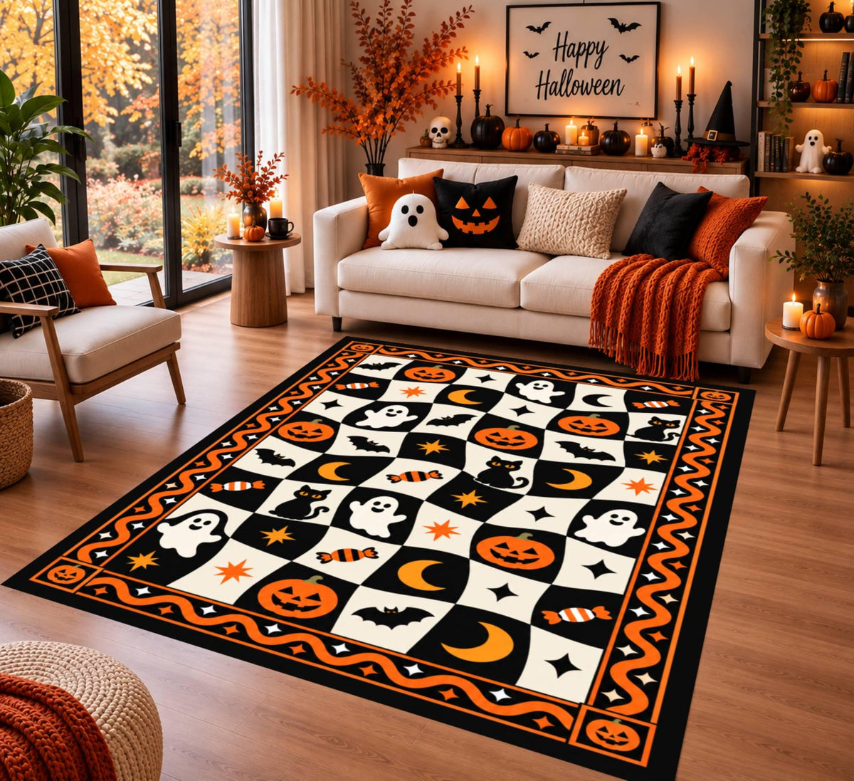 Retro Halloween Checkerboard Rug