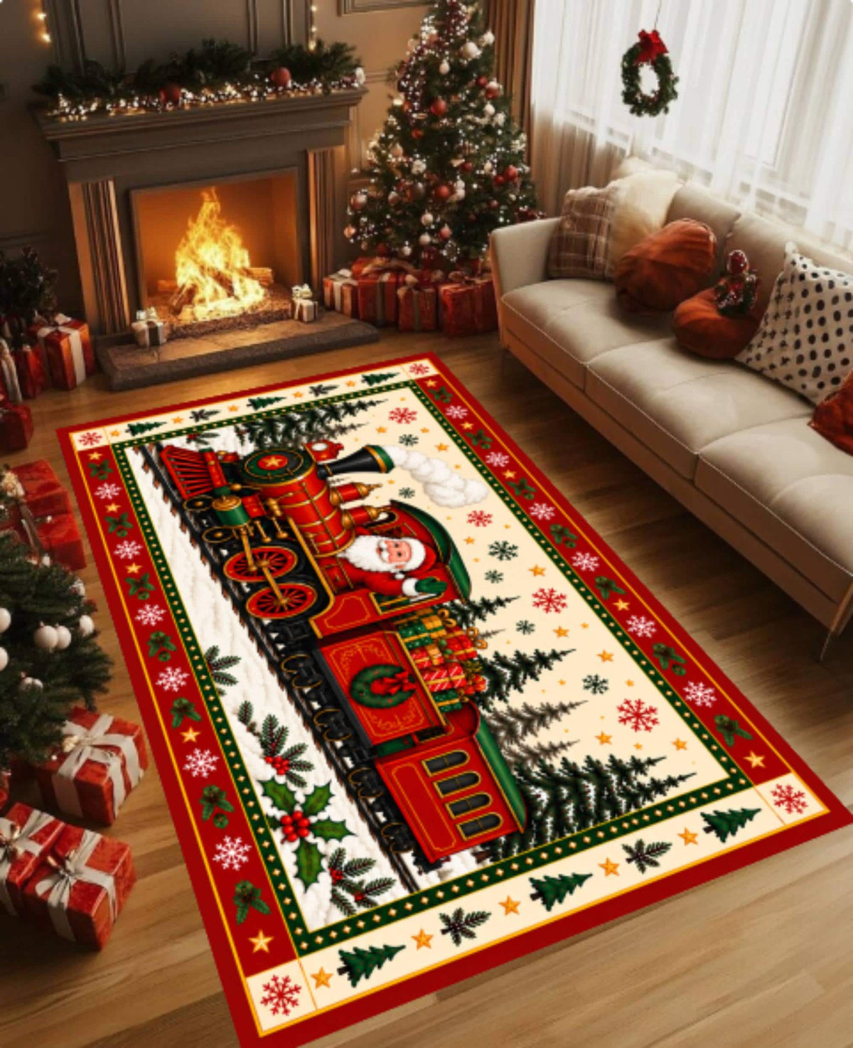 Santa Train Christmas Rug, Festive Winter Decor