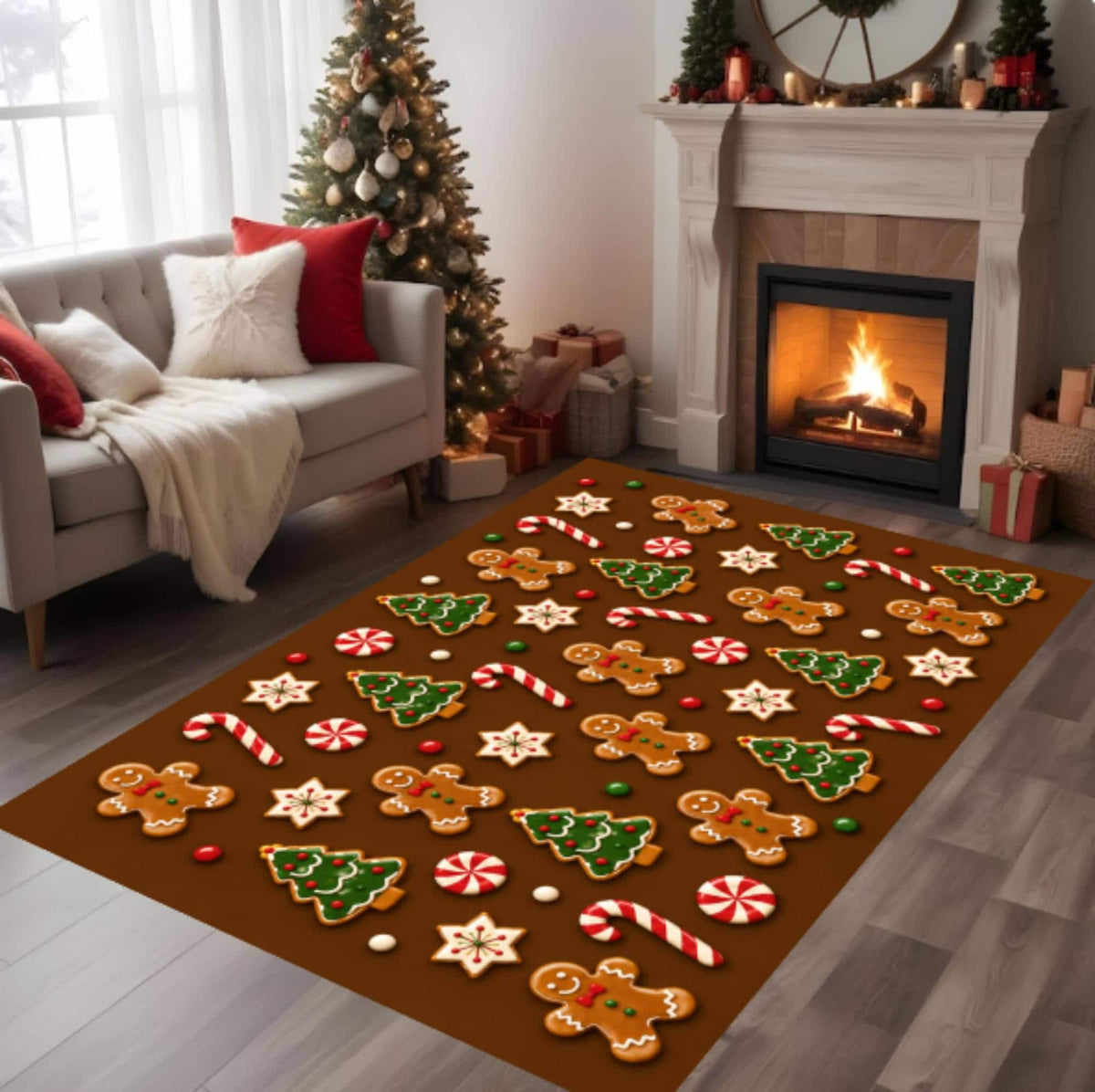 Gingerbread Christmas Cookie and Candy Cane Holiday Carpet