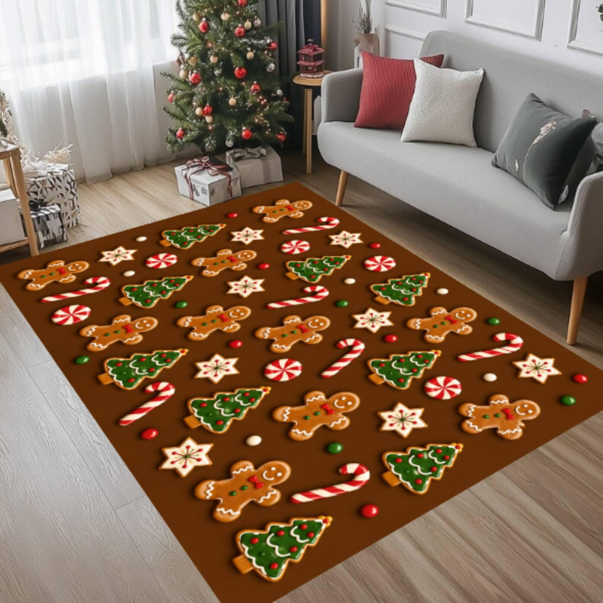 Gingerbread Christmas Cookie and Candy Cane Holiday Carpet