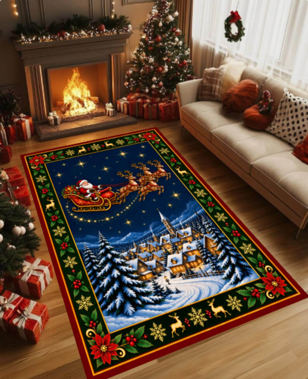 Santa Sleigh Christmas Rug, Reindeer Holiday Decor