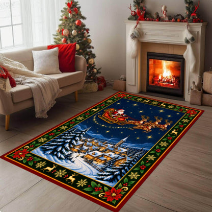 Santa Sleigh Christmas Rug, Reindeer Holiday Decor