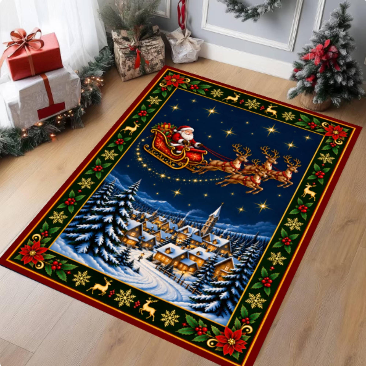 Santa Sleigh Christmas Rug, washable non-slip Christmas area rug