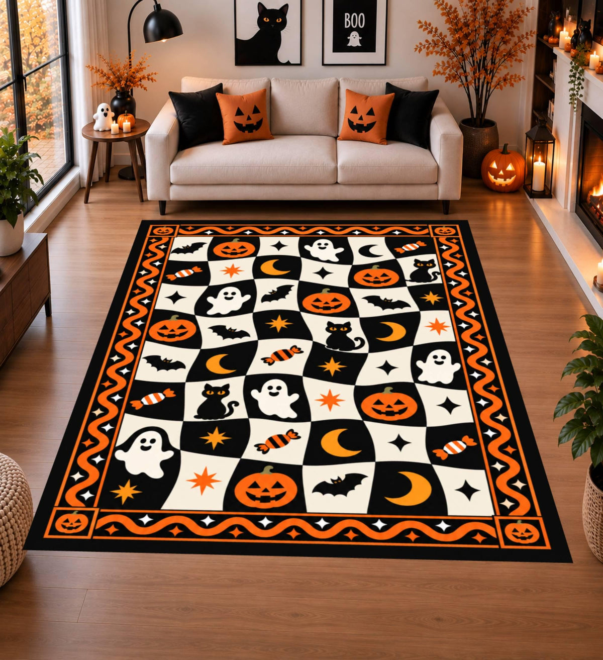 Retro Halloween Checkerboard Rug