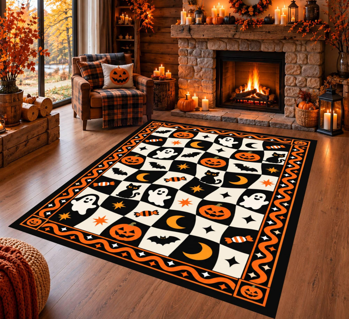 Retro Halloween Checkerboard Rug