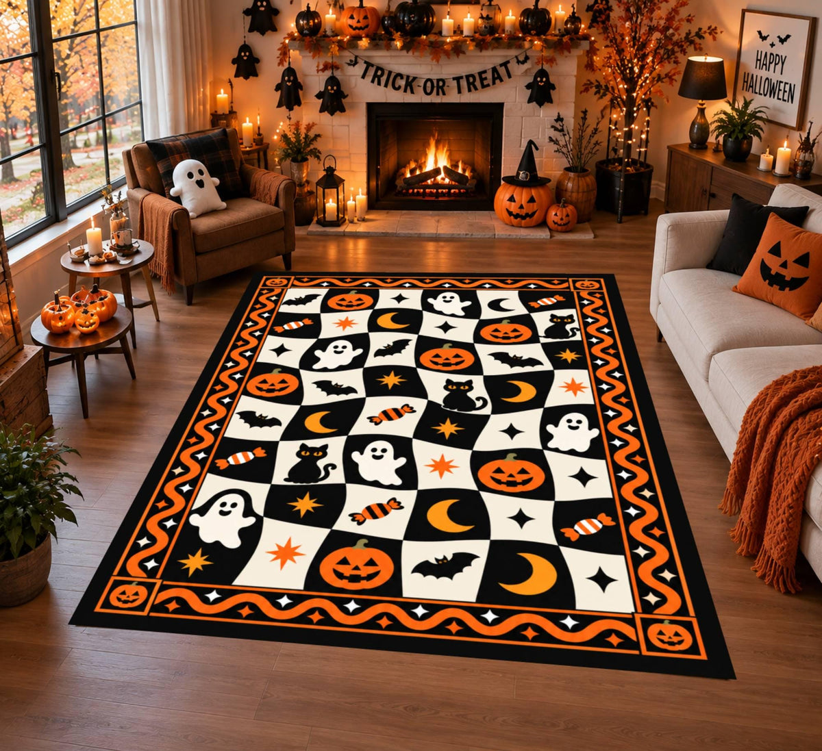 Retro Halloween Checkerboard Rug