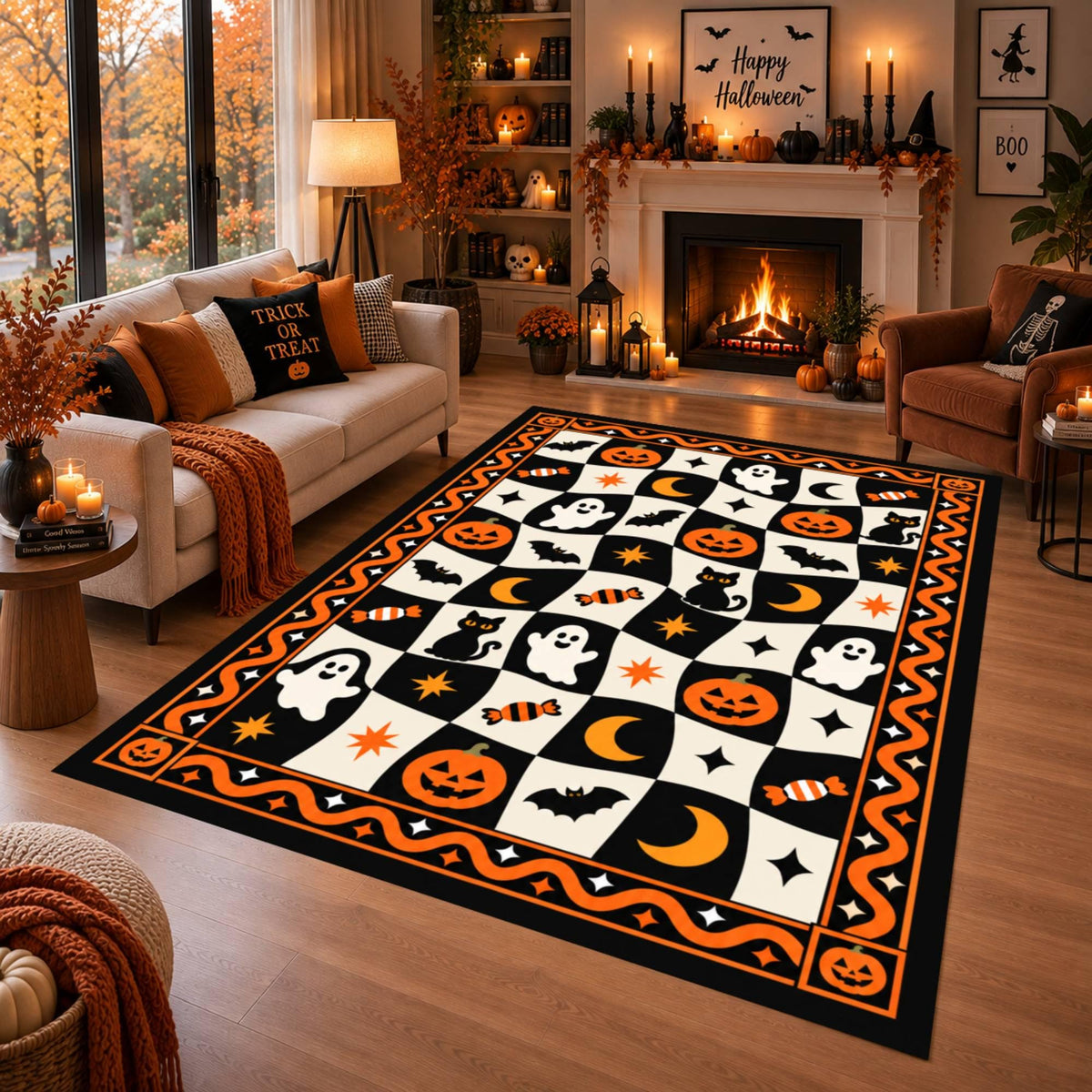 Retro Halloween Checkerboard Rug