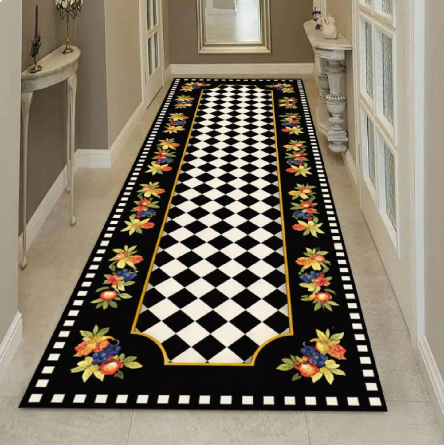 Checkerboard Runner Rug, Black White Floral Border Kitchen Carpet, Washable Non Slip Hallway Runner